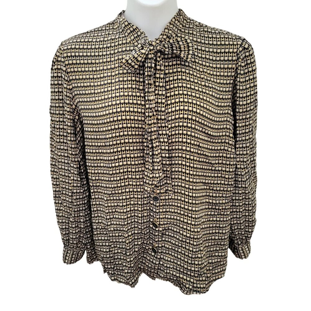 Peter Nygard Silk Blouse 22 Geometric Print Long Sleeve Button Down Bow Tie Neck